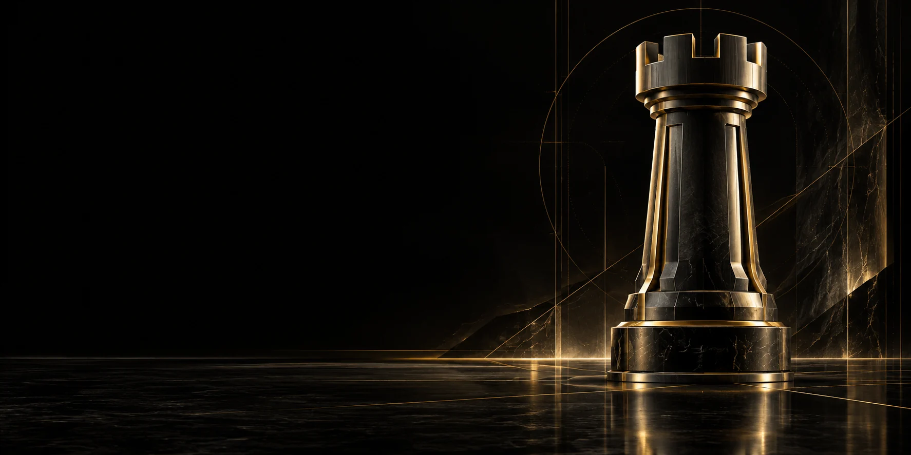 Torre de xadrez futurista em metal preto e dourado